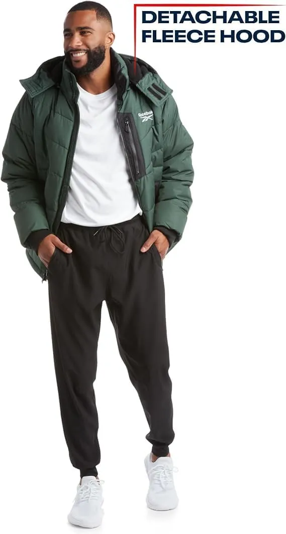 Reebok Mens Puffer Jacket - Heavyweight Quilted Parka Mens Jacket with Hood - Weather Resistant Ski Winter Jackets for Men