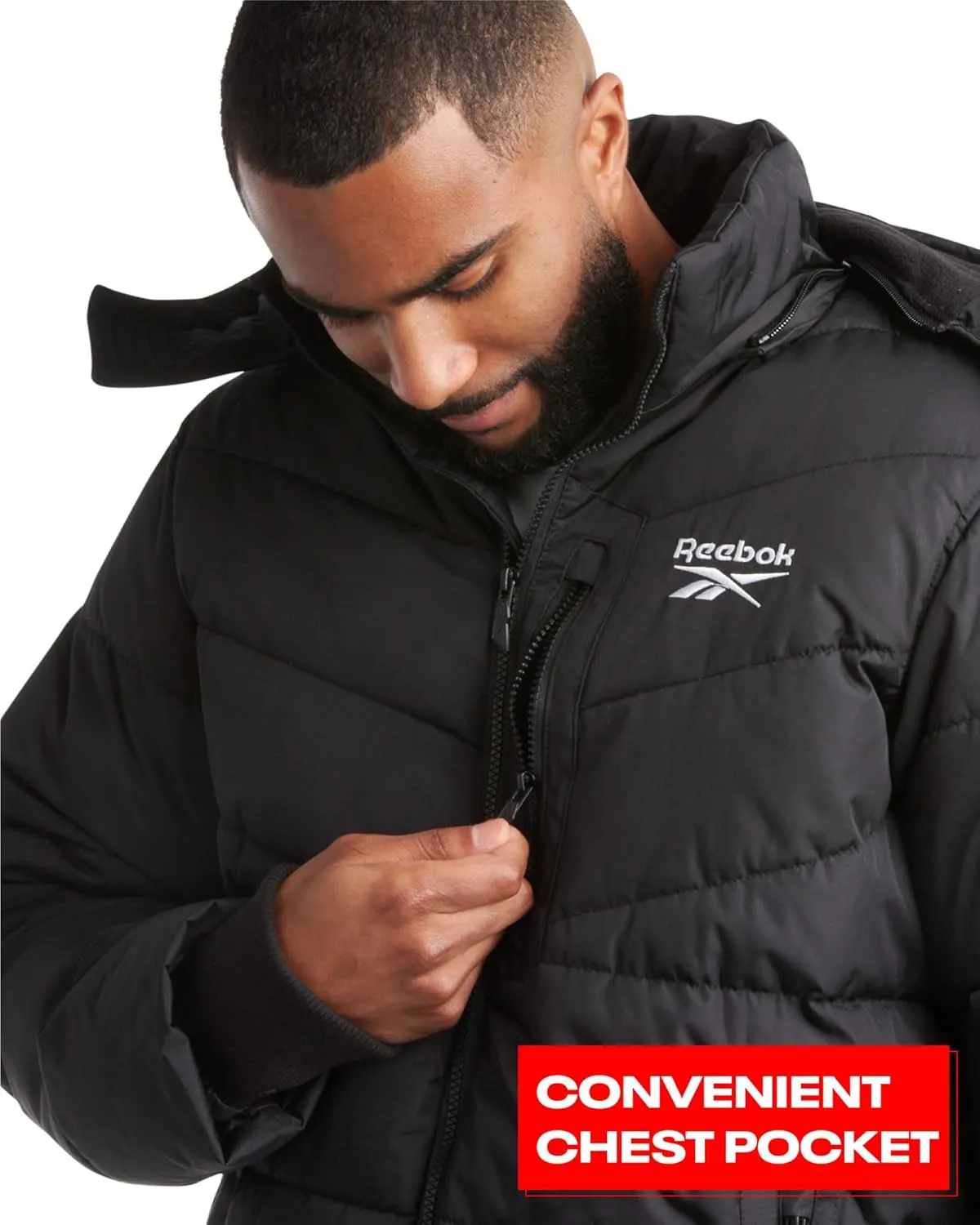 Reebok Mens Puffer Jacket - Heavyweight Quilted Parka Mens Jacket with Hood - Weather Resistant Ski Winter Jackets for Men