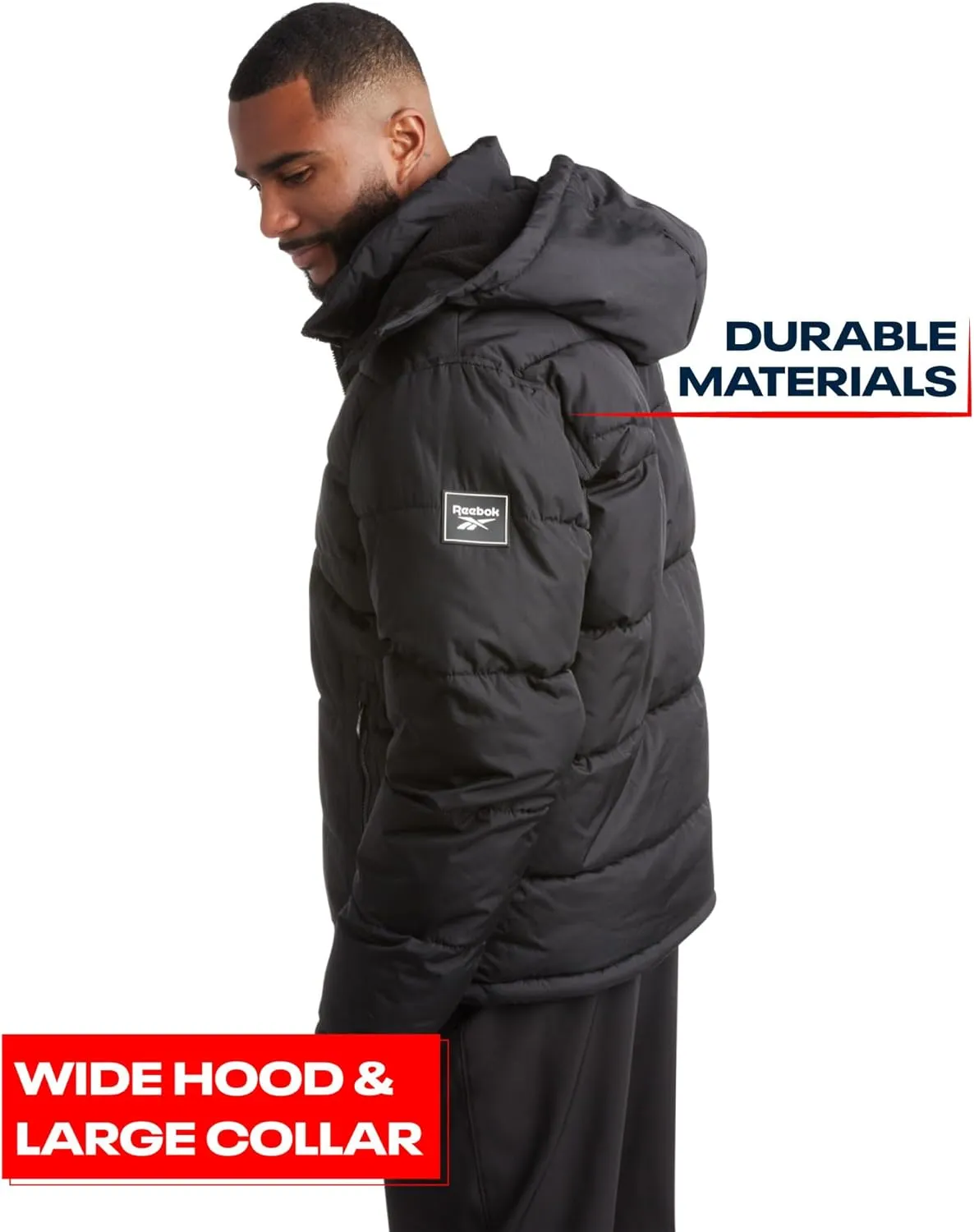 Reebok Mens Puffer Jacket - Heavyweight Quilted Parka Mens Jacket with Hood - Weather Resistant Ski Winter Jackets for Men