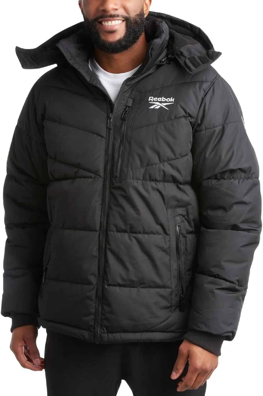 Reebok Mens Puffer Jacket - Heavyweight Quilted Parka Mens Jacket with Hood - Weather Resistant Ski Winter Jackets for Men