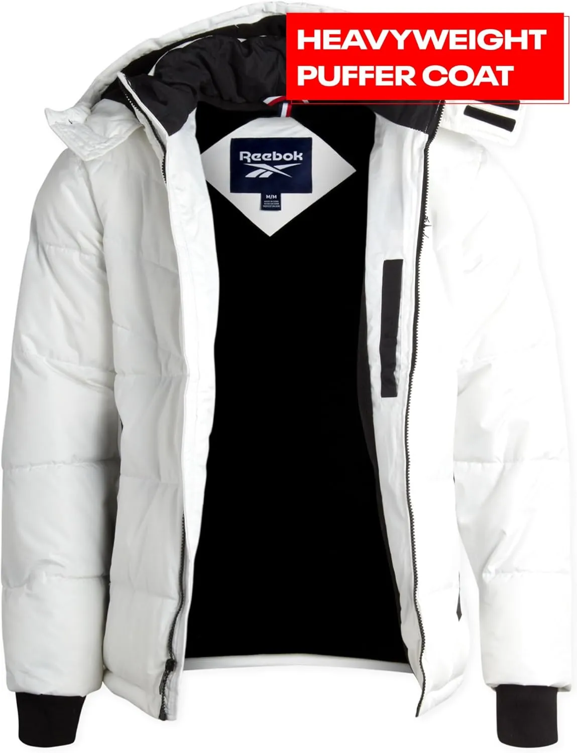 Reebok Mens Puffer Jacket - Heavyweight Quilted Parka Mens Jacket with Hood - Weather Resistant Ski Winter Jackets for Men