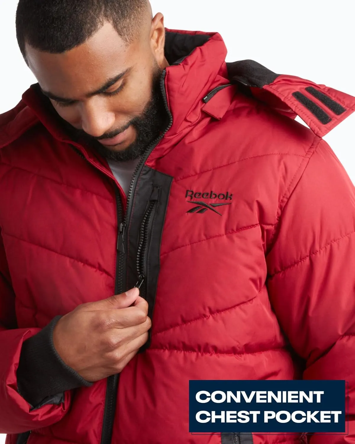 Reebok Mens Puffer Jacket - Heavyweight Quilted Parka Mens Jacket with Hood - Weather Resistant Ski Winter Jackets for Men
