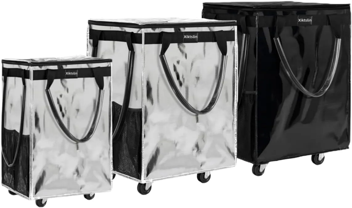 Reusable Grocery Bag on Wheels, 3 Pack Foldable Rolling Tote Capacity Shopping Trolley, Rolling Bag with Handles, Zipper Clouser Rolling Tote Bag with Wheels for Laundry