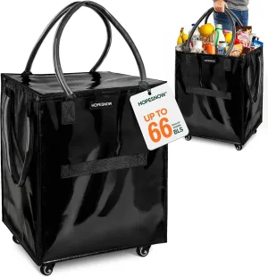 Reusable Grocery Bag on Wheels, Foldable Rolling Tote Bag with Wheels and Handle, Shopping Trolley Zipper Closure, Lightweight Black Bag Capacity Up to 66 lb, Black, Large