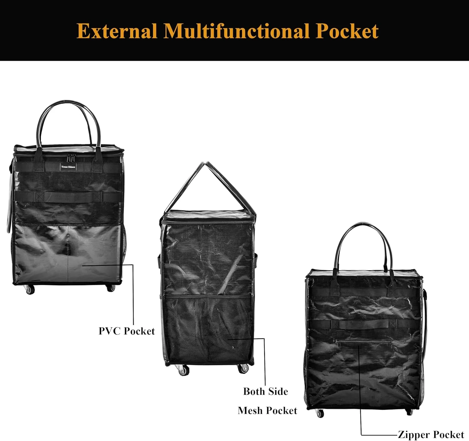 Reusable Grocery Bag On Wheels Large Capacity Shopping Trolley Foldable Rolling Tote with Outside Pocket, Heavy Duty Handle (Black, Large)