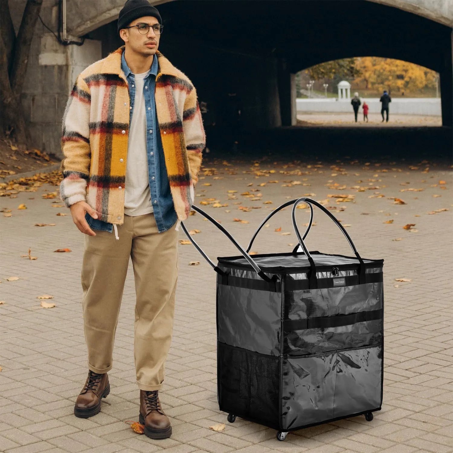 Reusable Grocery Bag On Wheels Large Capacity Shopping Trolley Foldable Rolling Tote with Outside Pocket, Heavy Duty Handle (Black, Large)