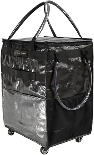 Reusable Grocery Bag On Wheels Large Capacity Shopping Trolley Foldable Rolling Tote with Outside Pocket, Heavy Duty Handle (Black, Large)