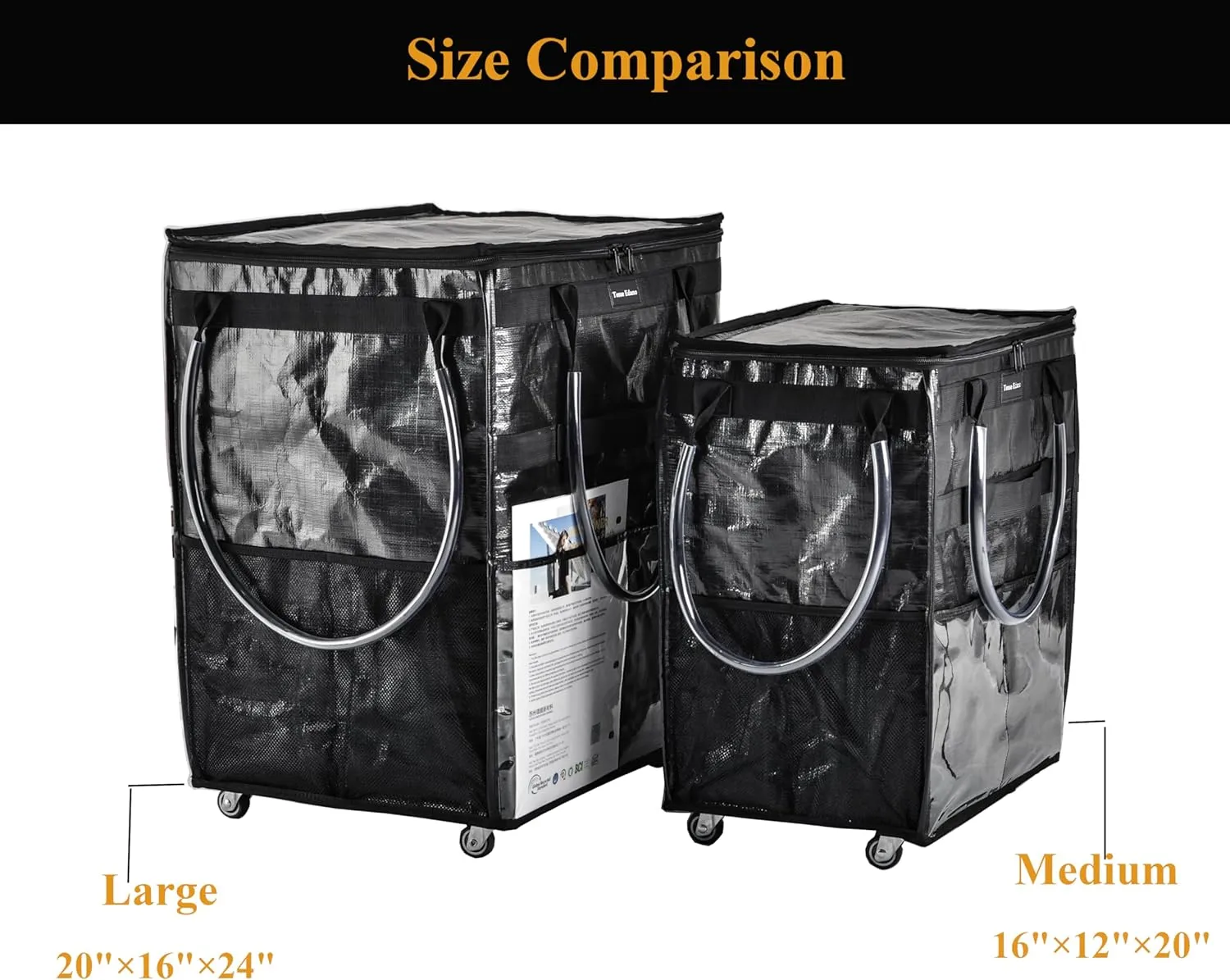 Reusable Grocery Bag On Wheels Large Capacity Shopping Trolley Foldable Rolling Tote with Outside Pocket, Heavy Duty Handle (Black, Large)