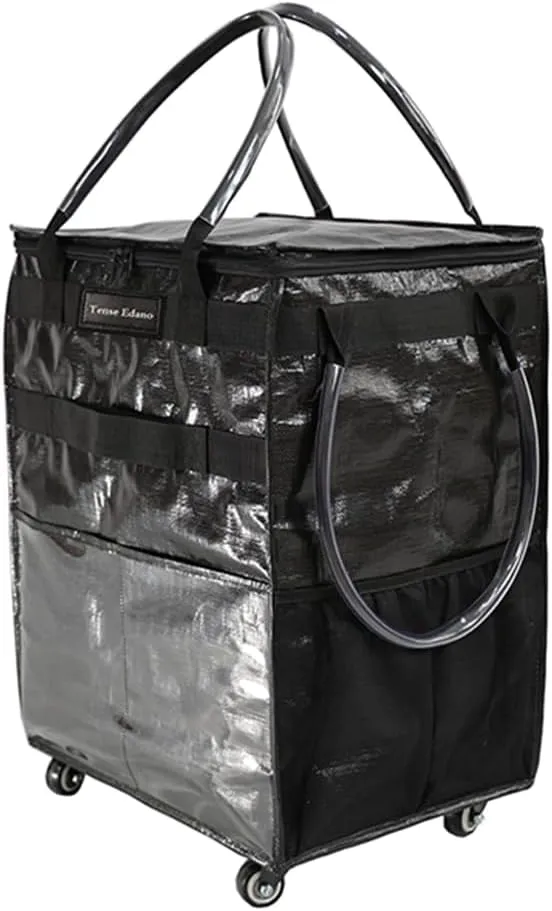 Reusable Grocery Bag On Wheels Large Capacity Shopping Trolley Foldable Rolling Tote with Outside Pocket, Heavy Duty Handle (Black, Large)