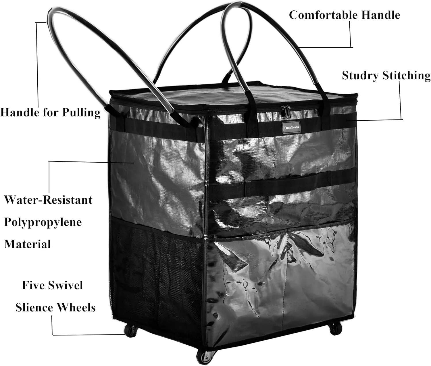 Reusable Grocery Bag On Wheels Large Capacity Shopping Trolley Foldable Rolling Tote with Outside Pocket, Heavy Duty Handle (Black, Large)