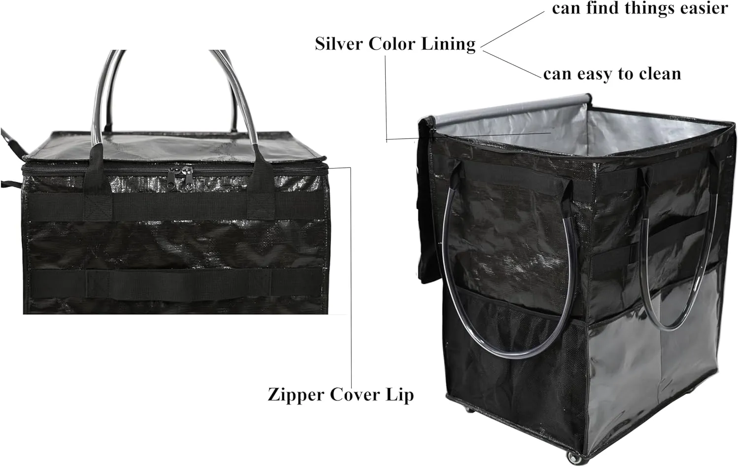 Reusable Grocery Bag On Wheels Large Capacity Shopping Trolley Foldable Rolling Tote with Outside Pocket, Heavy Duty Handle (Black, Large)