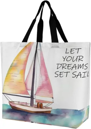 Reusable Grocery Bags Quotes Let Your Dreams Set Sail Shopping Bag Lightweight Shoulder Bags Large Tote Bag for Travel Work Handbag