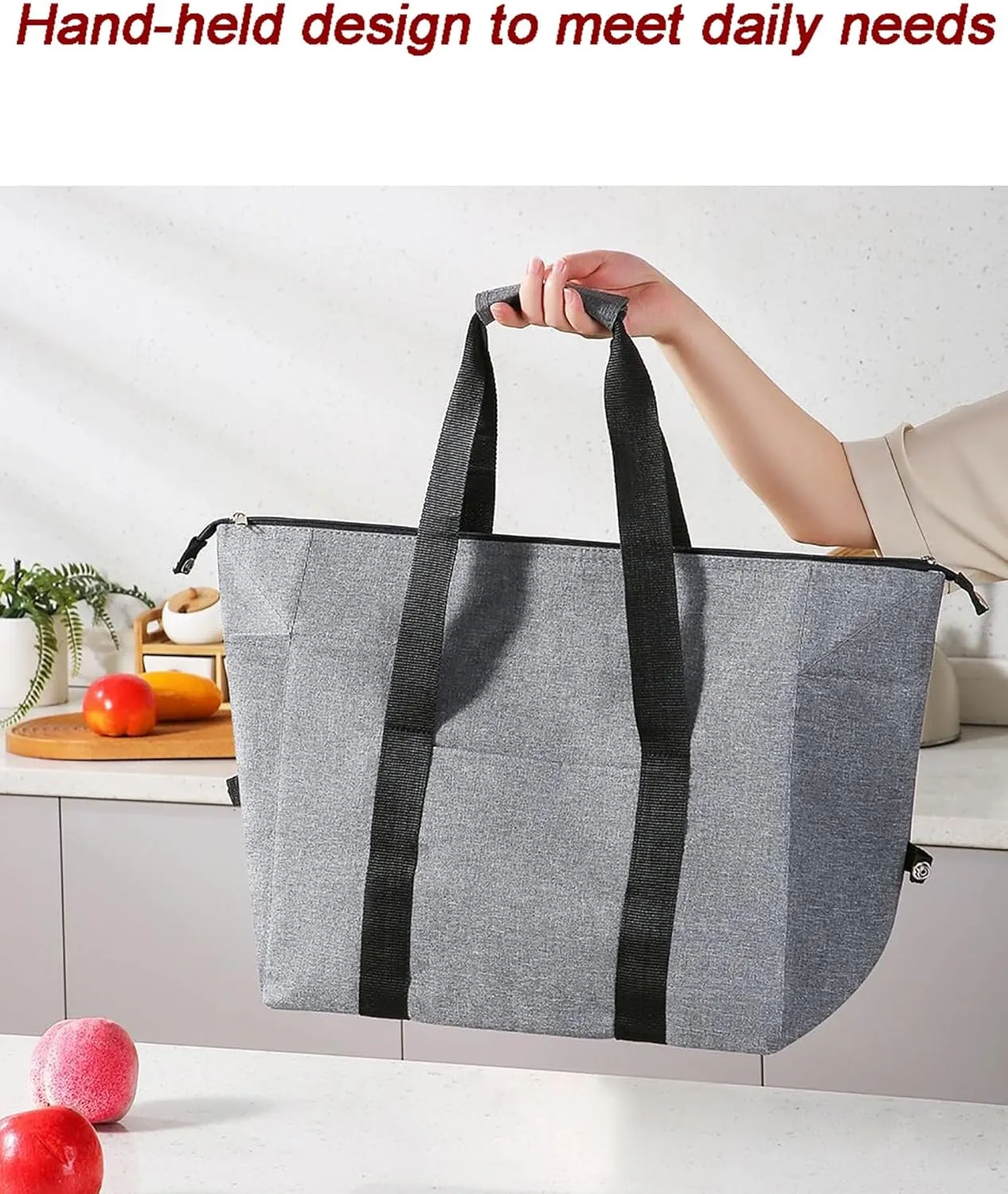 Reusable Insulated Cooler Tote Bag with Zipper for Grocery, Leakproof Thermal Shopping Bag with Insulation Foam, Cooler Bag for Cold Hot Food, Picnic, Travel or Beach