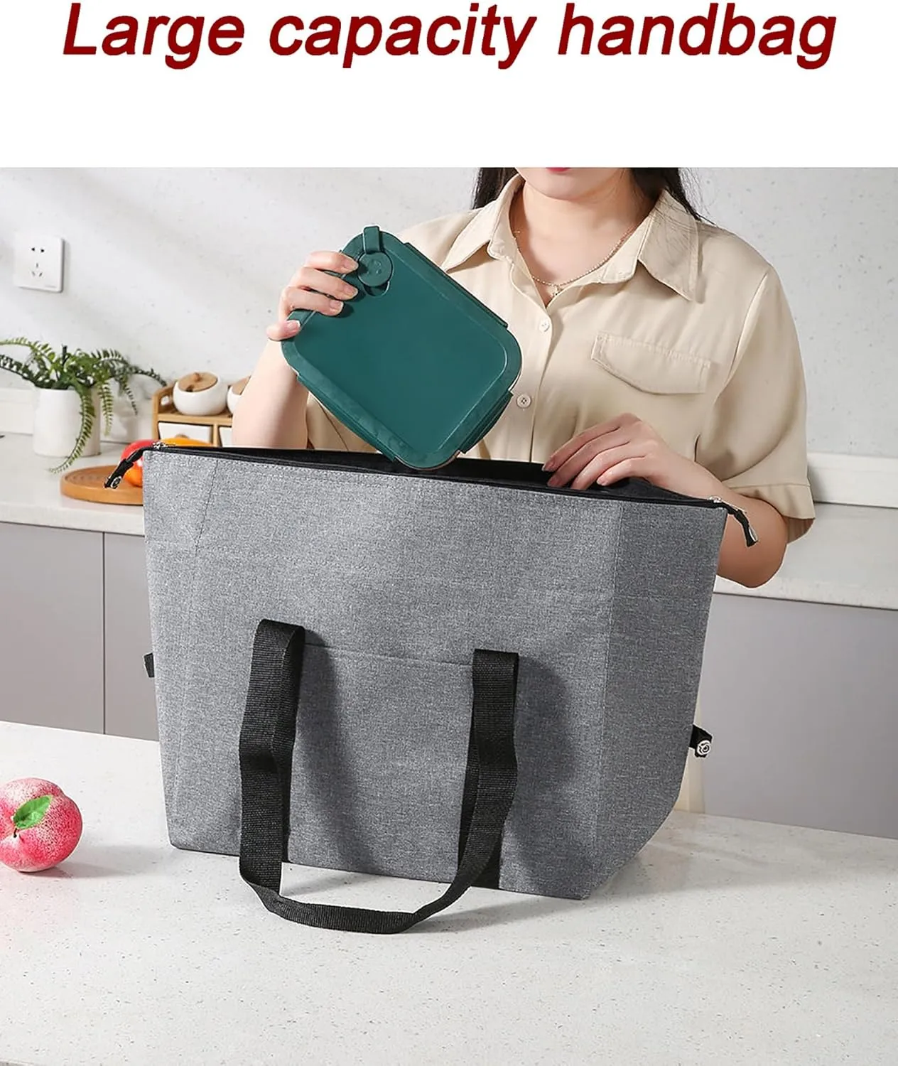 Reusable Insulated Cooler Tote Bag with Zipper for Grocery, Leakproof Thermal Shopping Bag with Insulation Foam, Cooler Bag for Cold Hot Food, Picnic, Travel or Beach