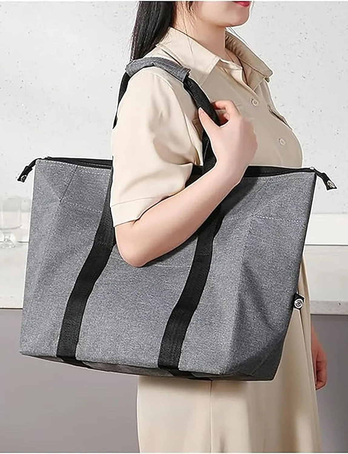 Reusable Insulated Cooler Tote Bag with Zipper for Grocery, Leakproof Thermal Shopping Bag with Insulation Foam, Cooler Bag for Cold Hot Food, Picnic, Travel or Beach