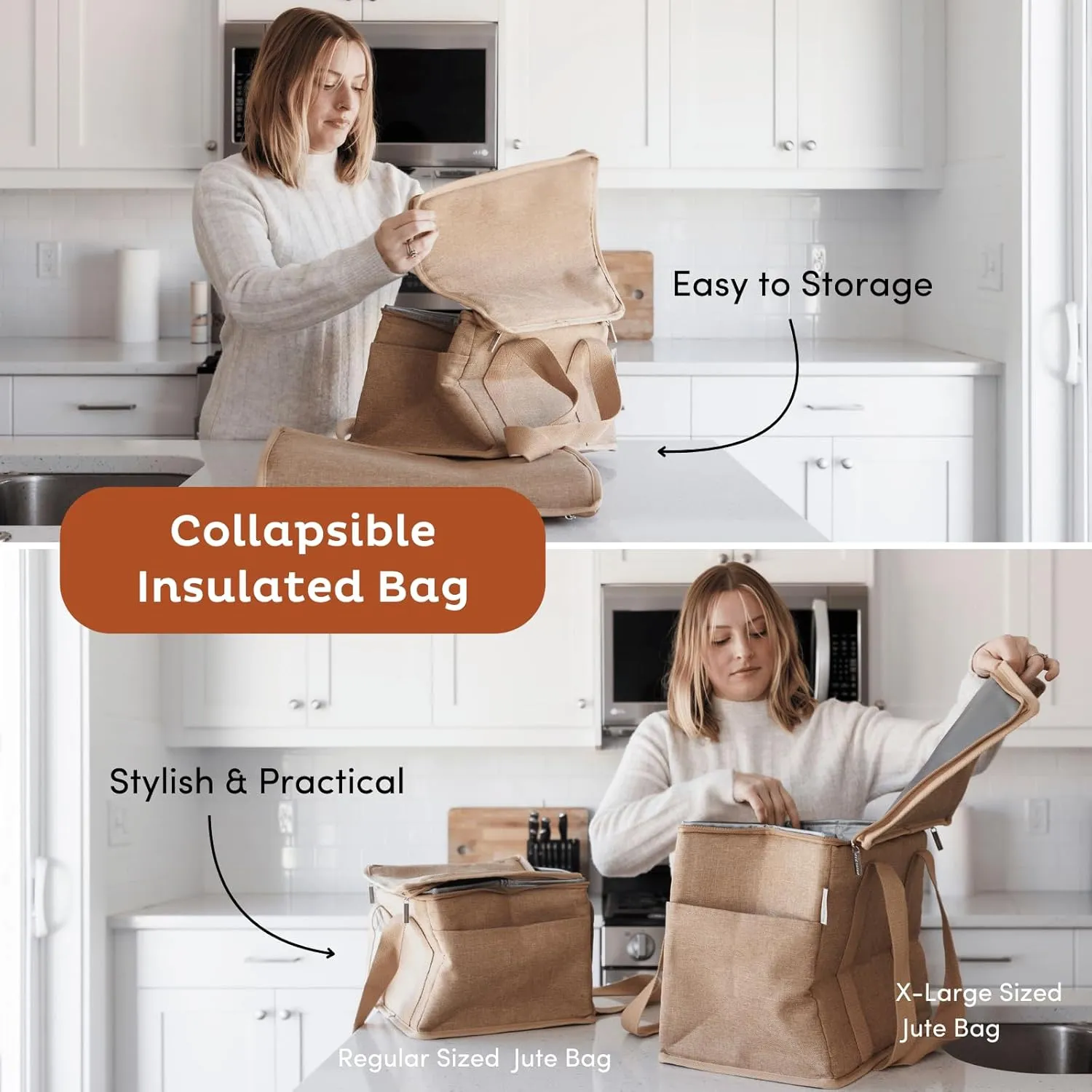 Reusable Insulated Grocery Bag - Leak Proof, X Large Insulated Cooler Bag - Insulated Shopping Bags for Groceries - Travel Cooler Bag for Frozen and Hot Food with Zippered Top (Cream Brown)
