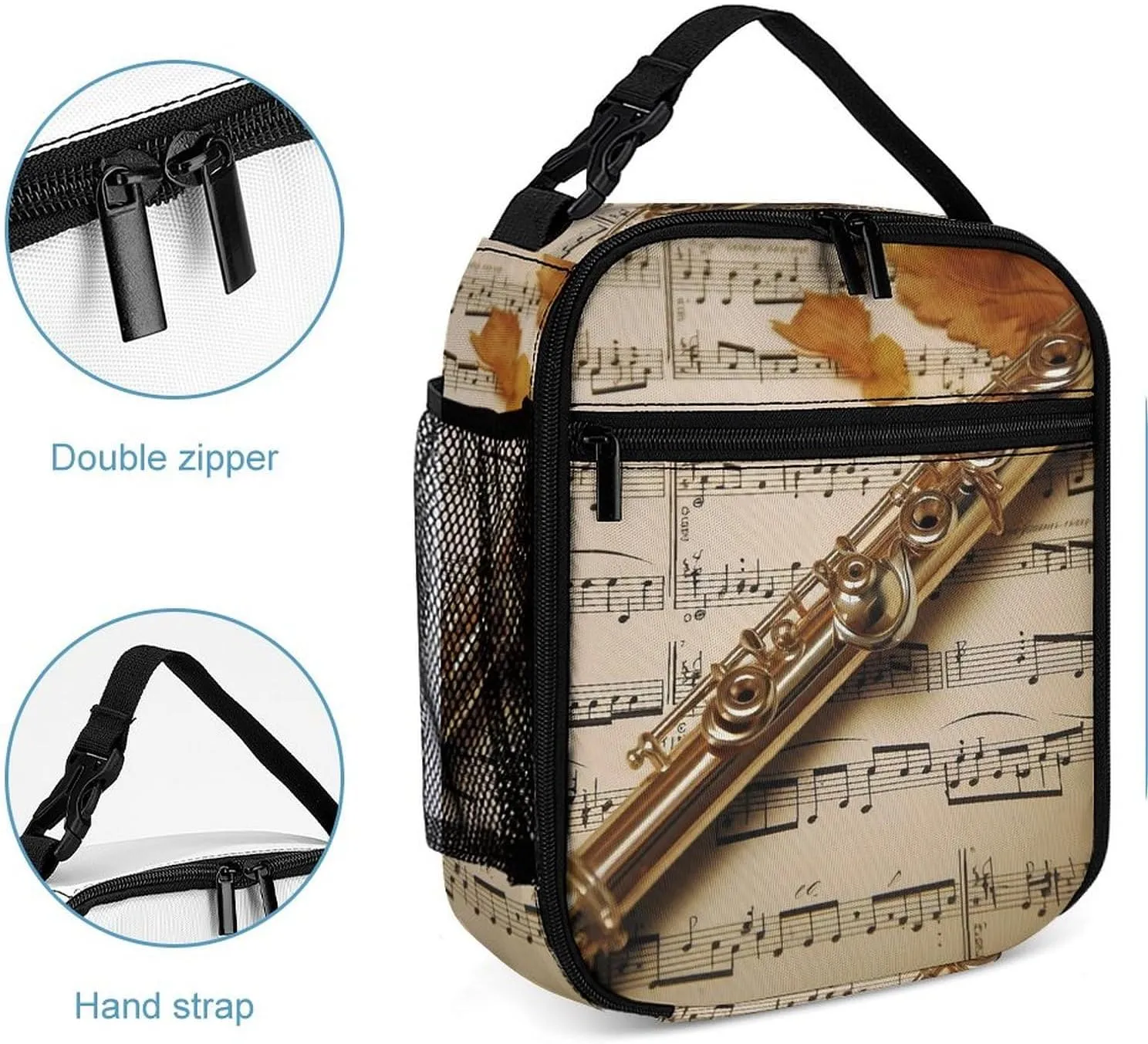 Reusable Insulated Lunch Bag Flute Music Leakproof Portable Lunch Box for Women Men Work Office Picnic Travel
