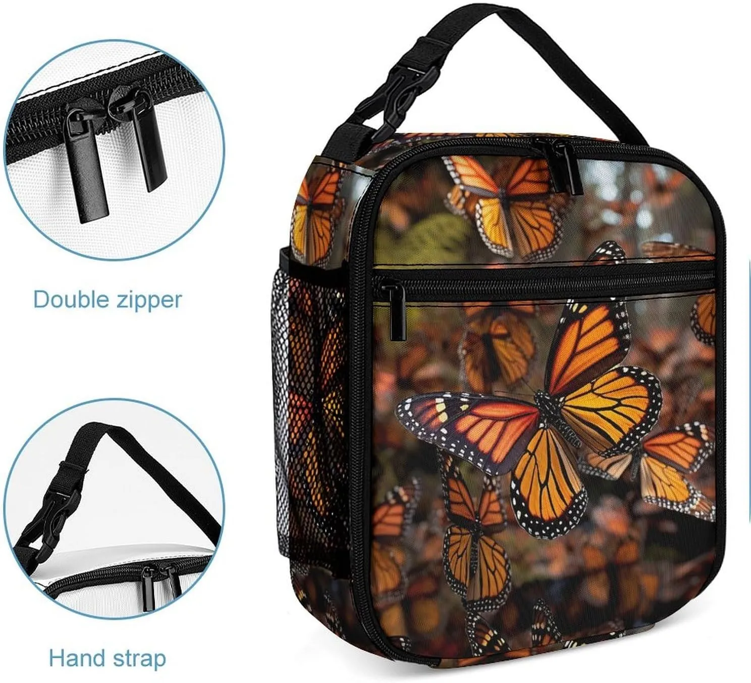 Reusable Insulated Lunch Bag Monarch Butterflies Leakproof Portable Lunch Box for Women Men Work Office Picnic Travel