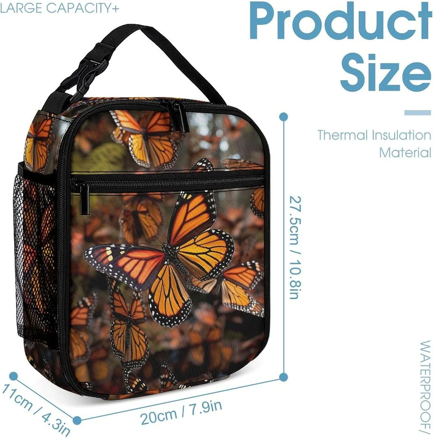 Reusable Insulated Lunch Bag Monarch Butterflies Leakproof Portable Lunch Box for Women Men Work Office Picnic Travel