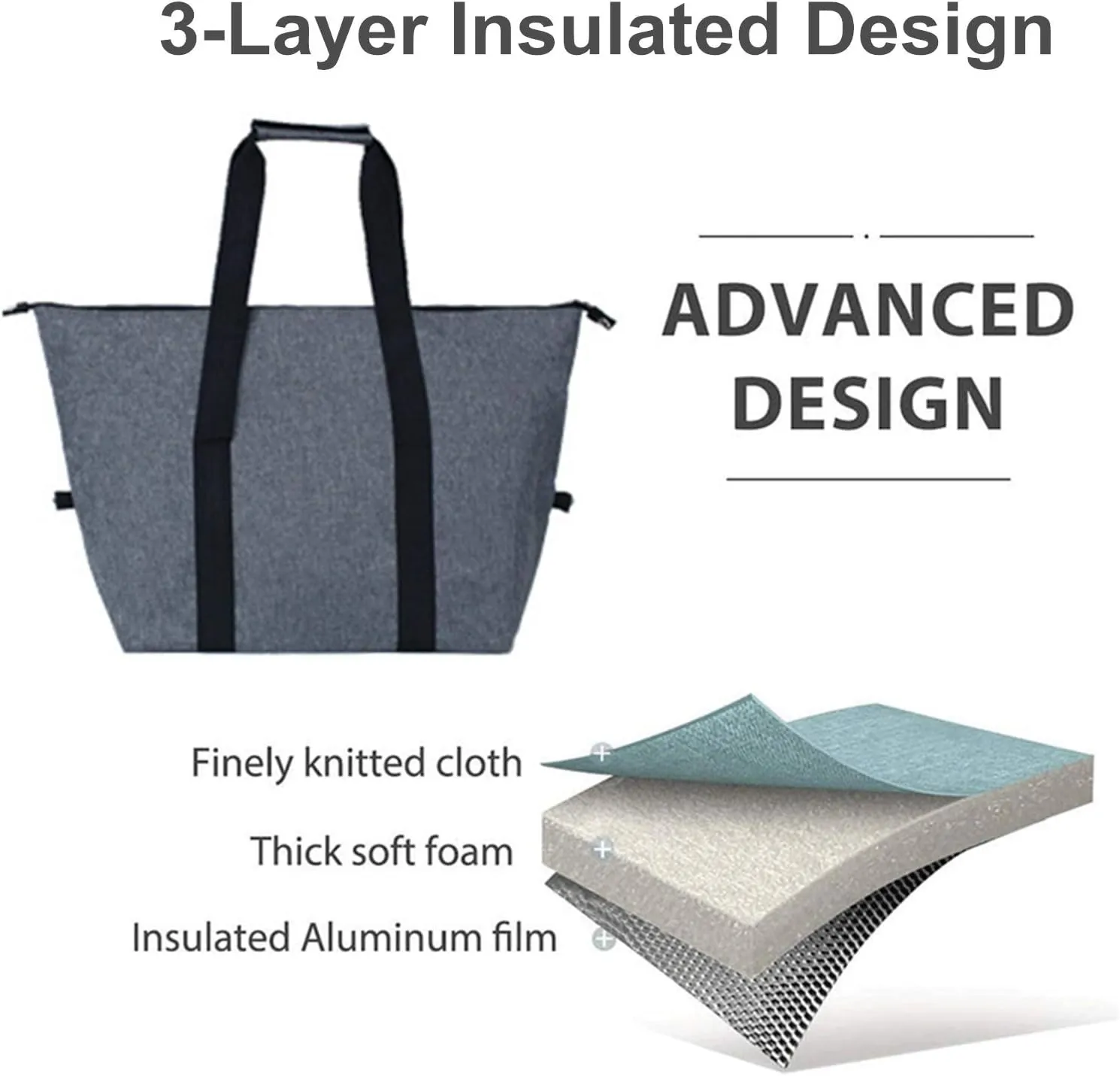 Reusable Insulated Shopping Cooler Bag with Zipper Top for Grocery, Thick Alumimum Foam Tote Thermal Bag for Frozen Cold Hot Foods Transport, Grey