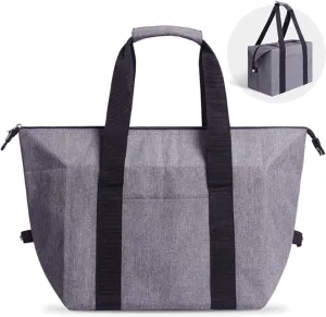 Reusable Insulated Shopping Cooler Bag with Zipper Top for Grocery, Thick Alumimum Foam Tote Thermal Bag for Frozen Cold Hot Foods Transport, Grey