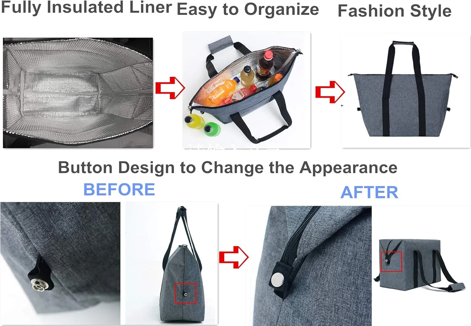 Reusable Insulated Shopping Cooler Bag with Zipper Top for Grocery, Thick Alumimum Foam Tote Thermal Bag for Frozen Cold Hot Foods Transport, Grey