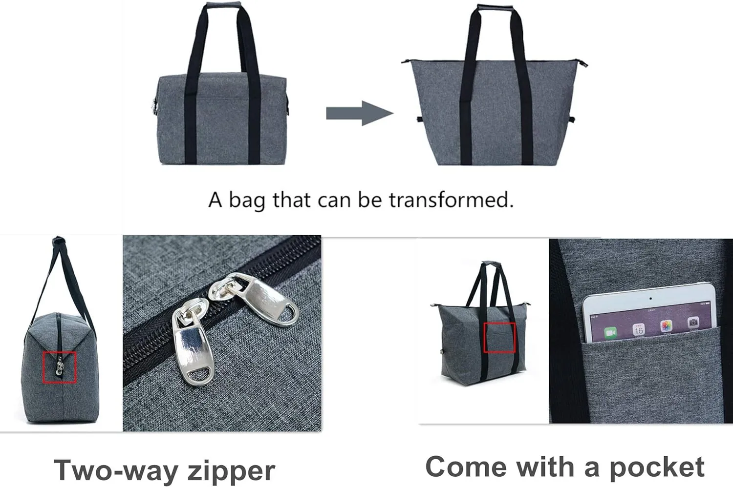 Reusable Insulated Shopping Cooler Bag with Zipper Top for Grocery, Thick Alumimum Foam Tote Thermal Bag for Frozen Cold Hot Foods Transport, Grey