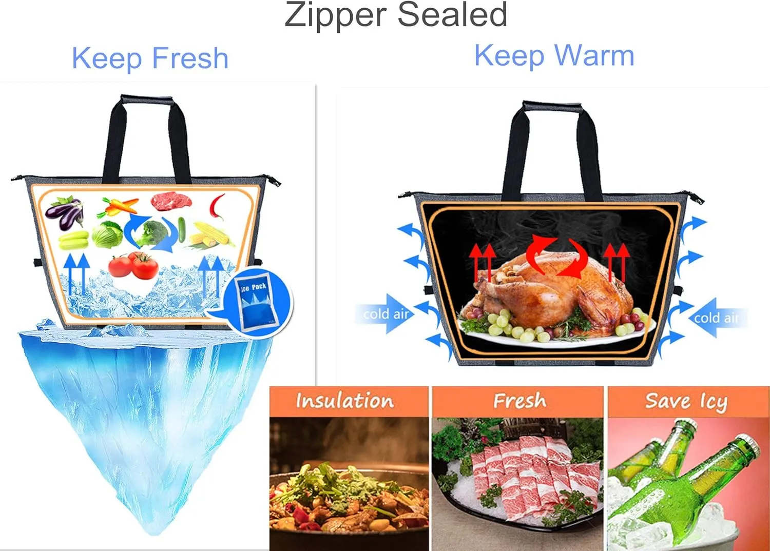 Reusable Insulated Shopping Cooler Bag with Zipper Top for Grocery, Thick Alumimum Foam Tote Thermal Bag for Frozen Cold Hot Foods Transport, Grey