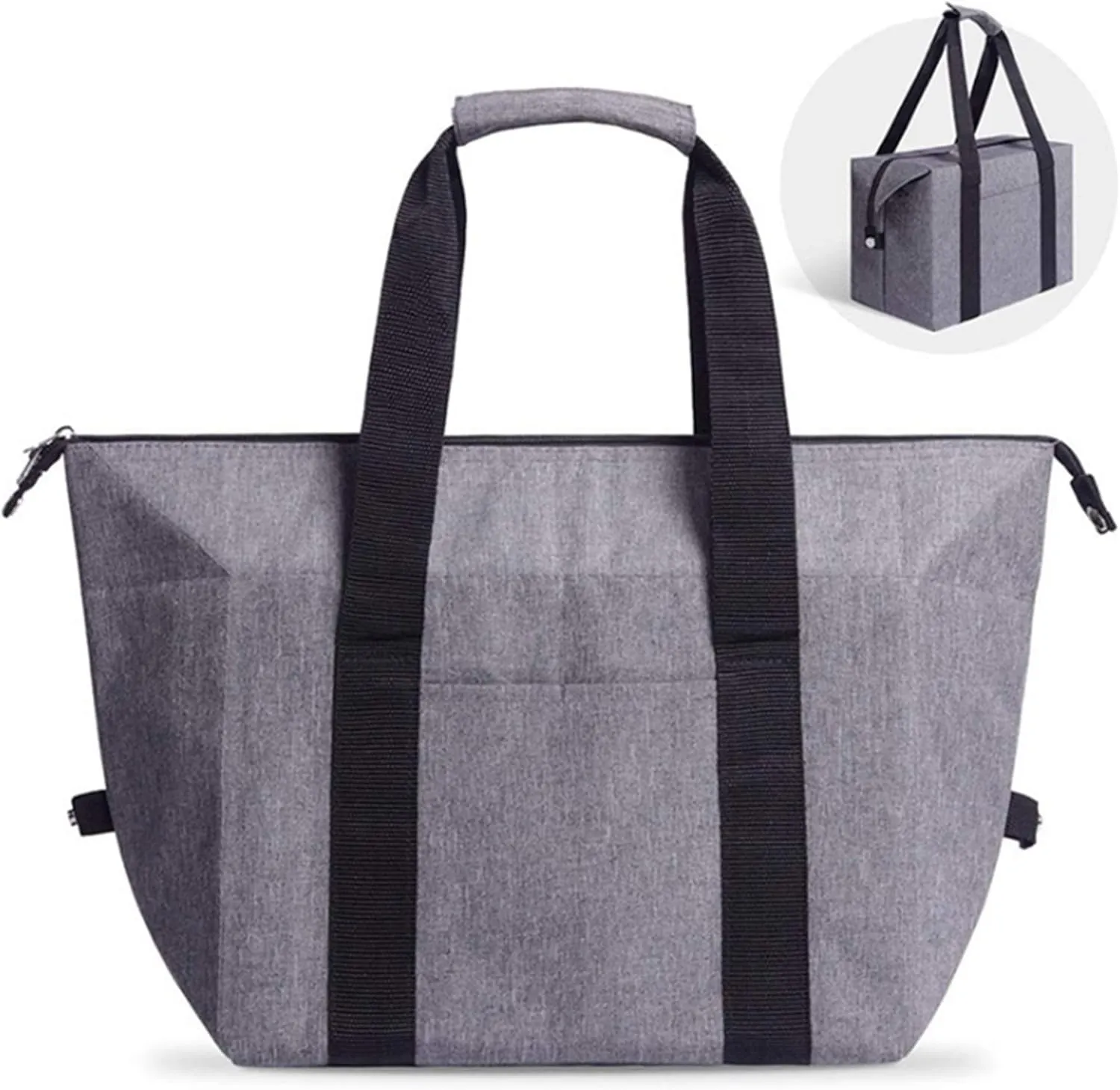 Reusable Insulated Shopping Cooler Bag with Zipper Top for Grocery, Thick Alumimum Foam Tote Thermal Bag for Frozen Cold Hot Foods Transport, Grey
