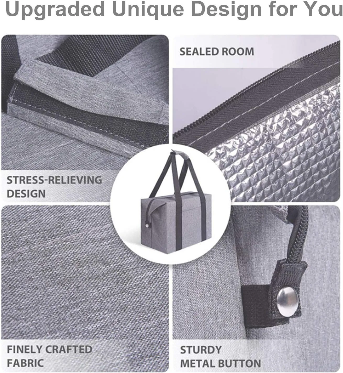Reusable Insulated Shopping Cooler Bag with Zipper Top for Grocery, Thick Alumimum Foam Tote Thermal Bag for Frozen Cold Hot Foods Transport, Grey
