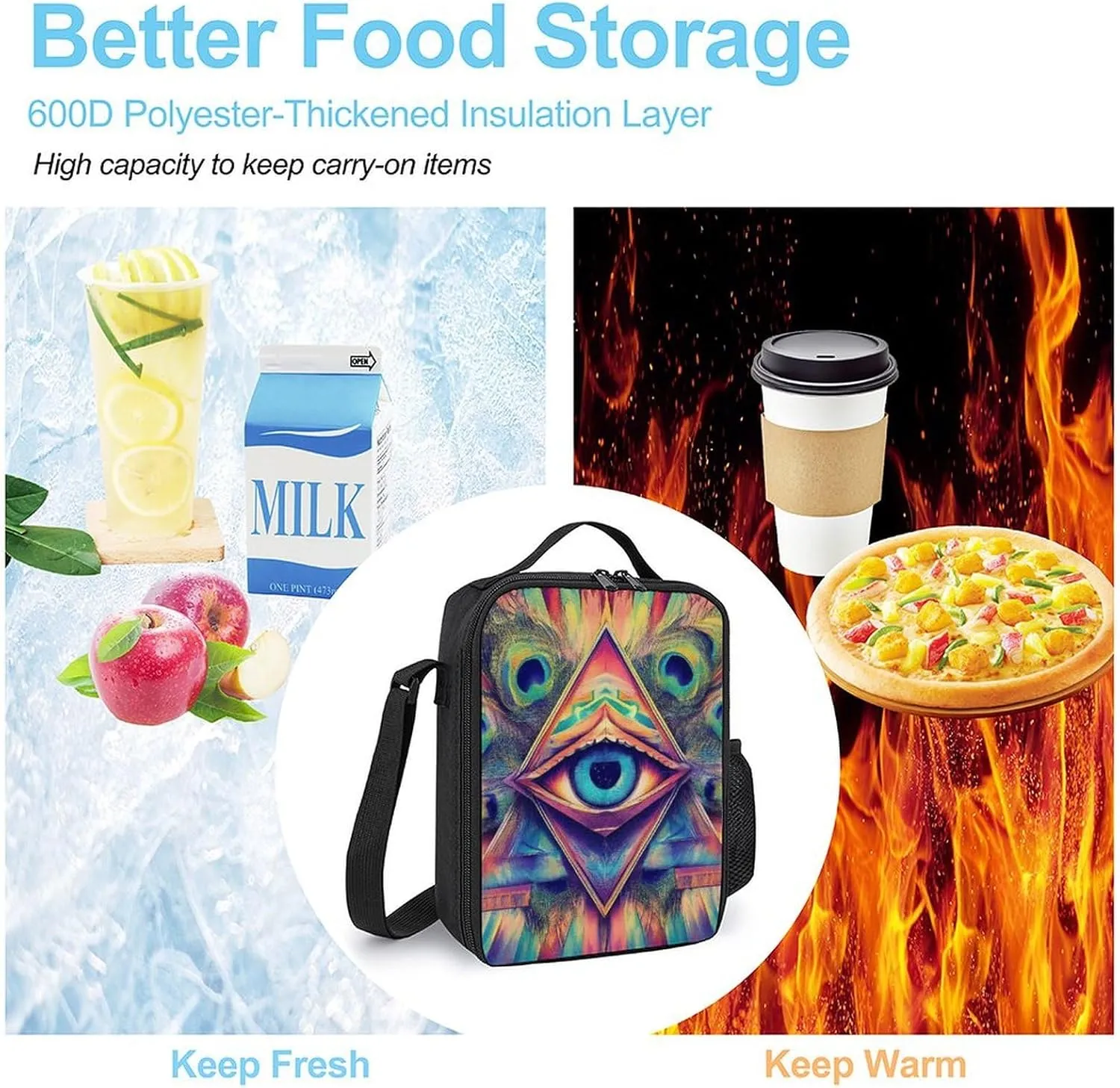 Reusable Lunch Bag for Men Women, Colorful Tattoo Trippy Acid Eye Thermal Lunch Box Insulated Tote Bags Leakproof Cooler Bag with Adjustable Shoulder Strap