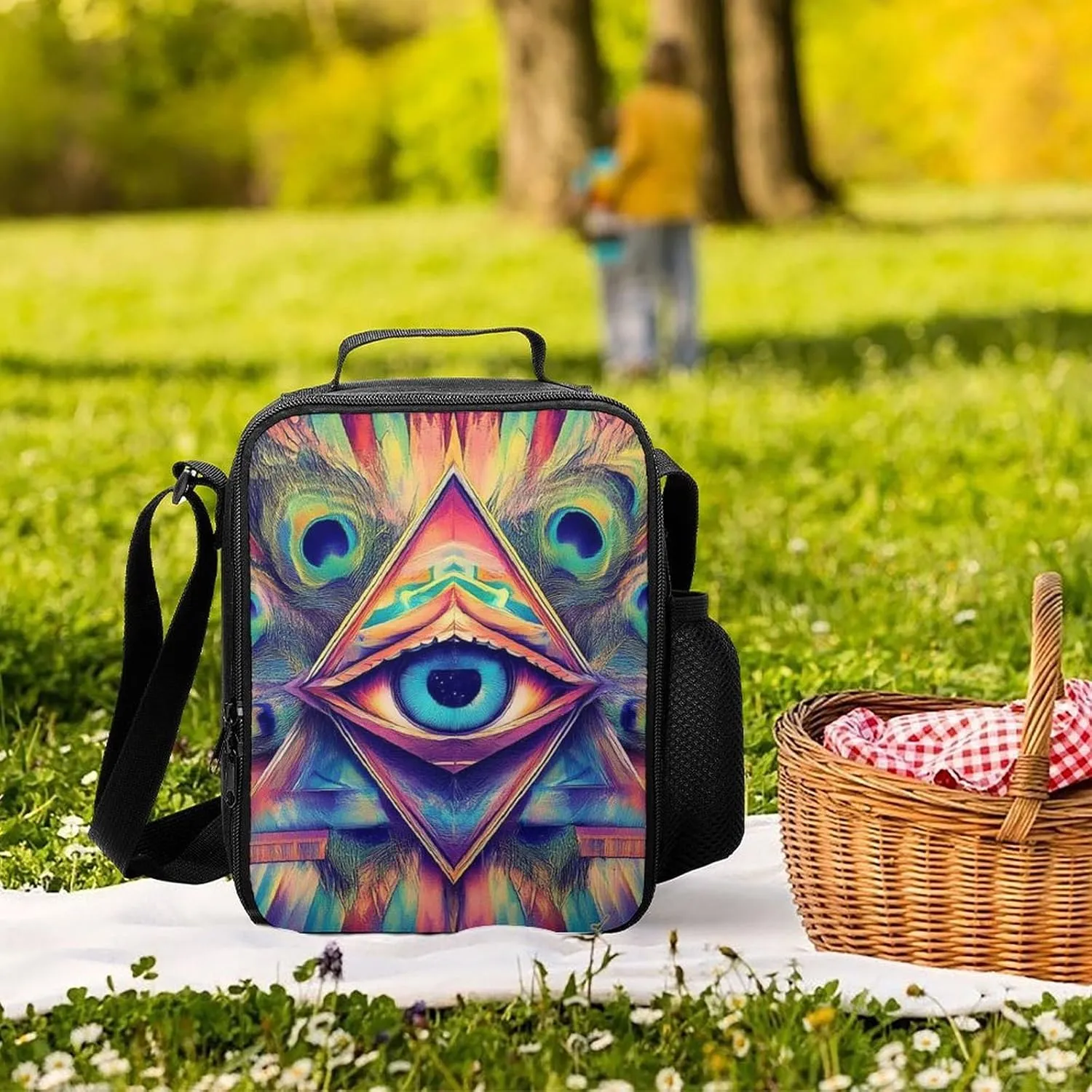 Reusable Lunch Bag for Men Women, Colorful Tattoo Trippy Acid Eye Thermal Lunch Box Insulated Tote Bags Leakproof Cooler Bag with Adjustable Shoulder Strap