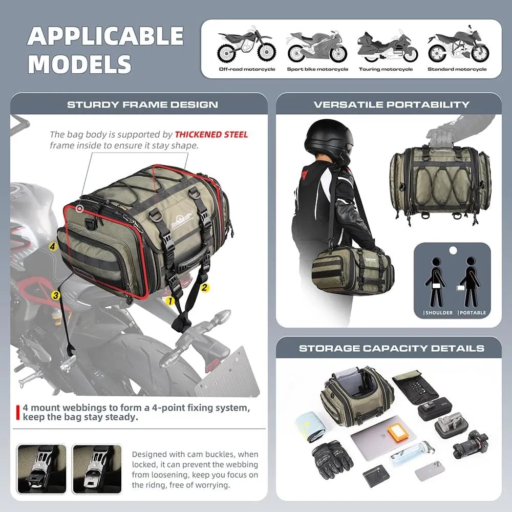 Rhinowalk Motorcycle Saddle Bag Motorbike Tail Bag Waterproof Expandable Pannier Bag Powersports Travel Luggage (Army Green，26L)