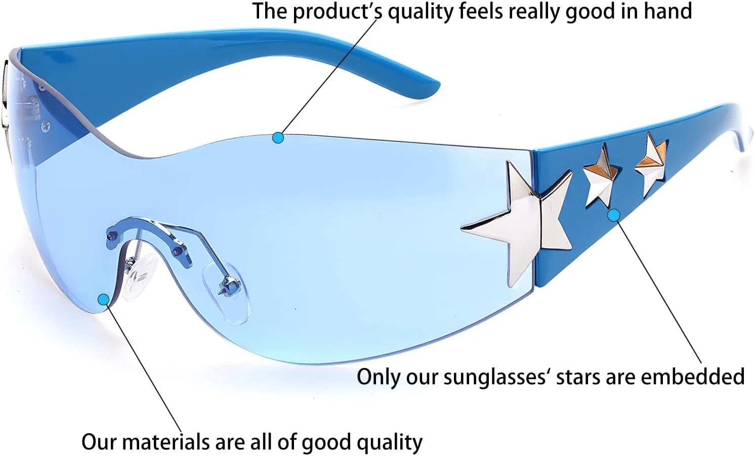 Rimless Y2K Sunglasses Star Wrap Around Glasses 2000S Accessories for Women Men Trendy Fashion Cool Shield Shades