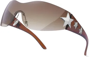 Rimless Y2K Sunglasses Star Wrap Around Glasses 2000S Accessories for Women Men Trendy Fashion Cool Shield Shades