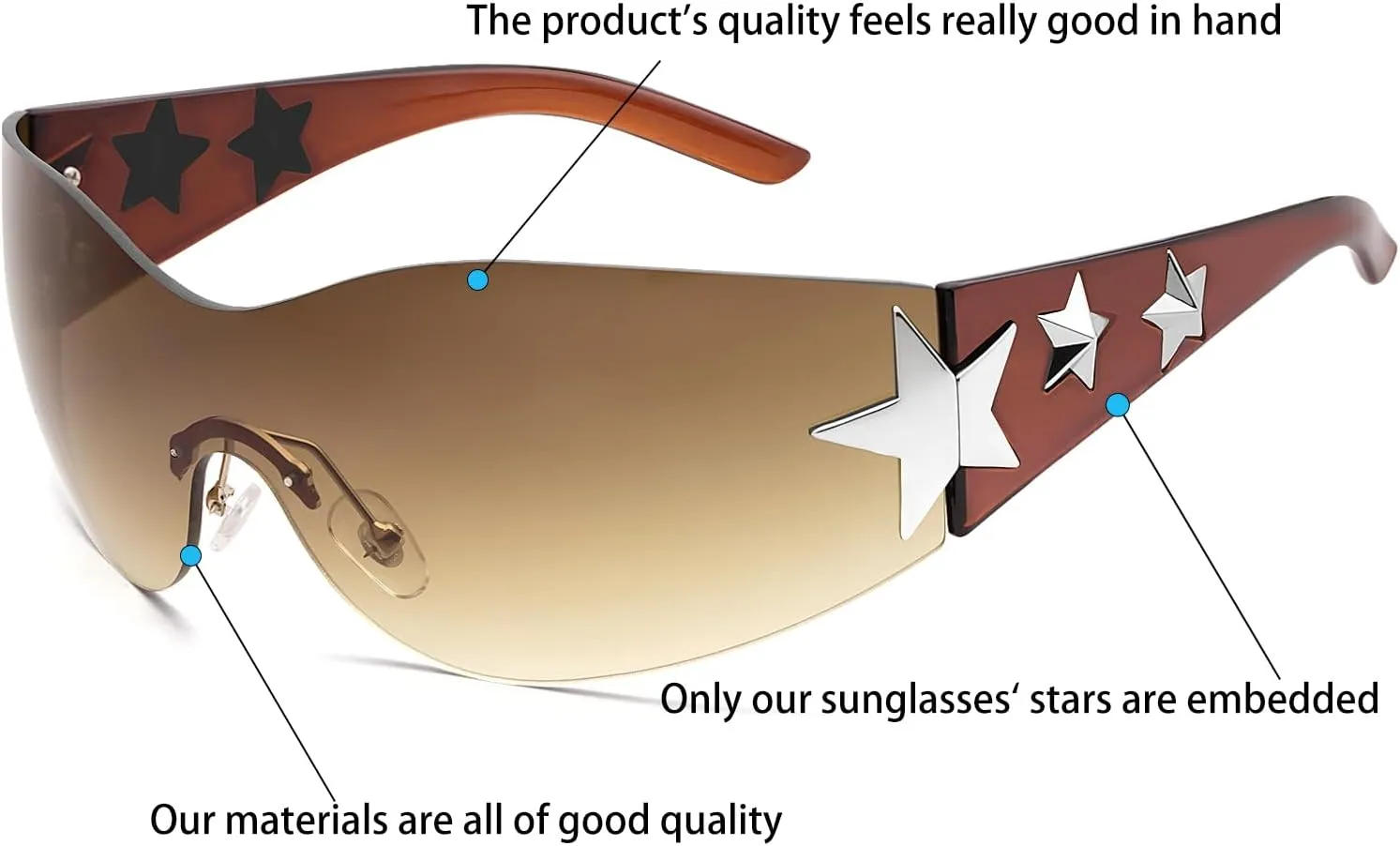 Rimless Y2K Sunglasses Star Wrap Around Glasses 2000S Accessories for Women Men Trendy Fashion Cool Shield Shades