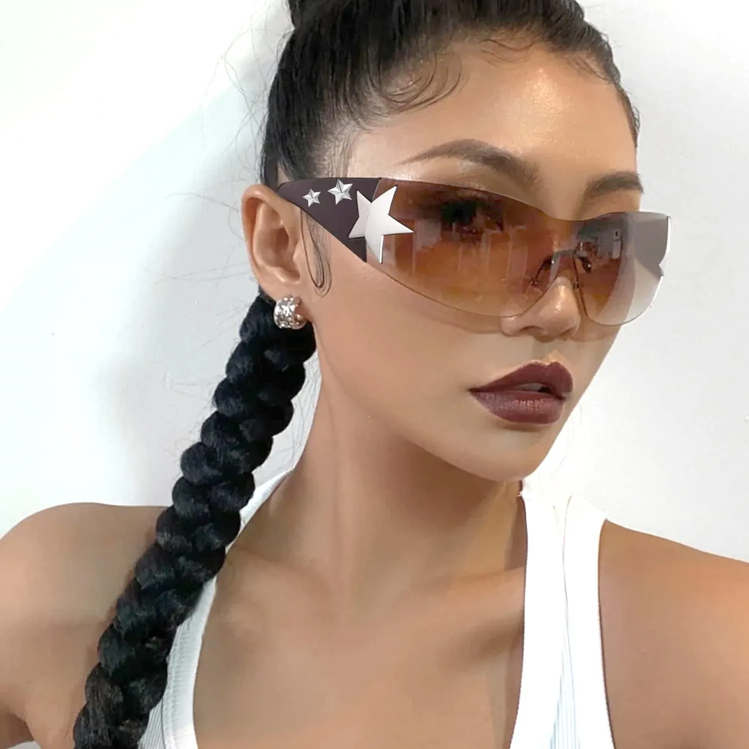 Rimless Y2K Sunglasses Star Wrap Around Glasses 2000S Accessories for Women Men Trendy Fashion Cool Shield Shades