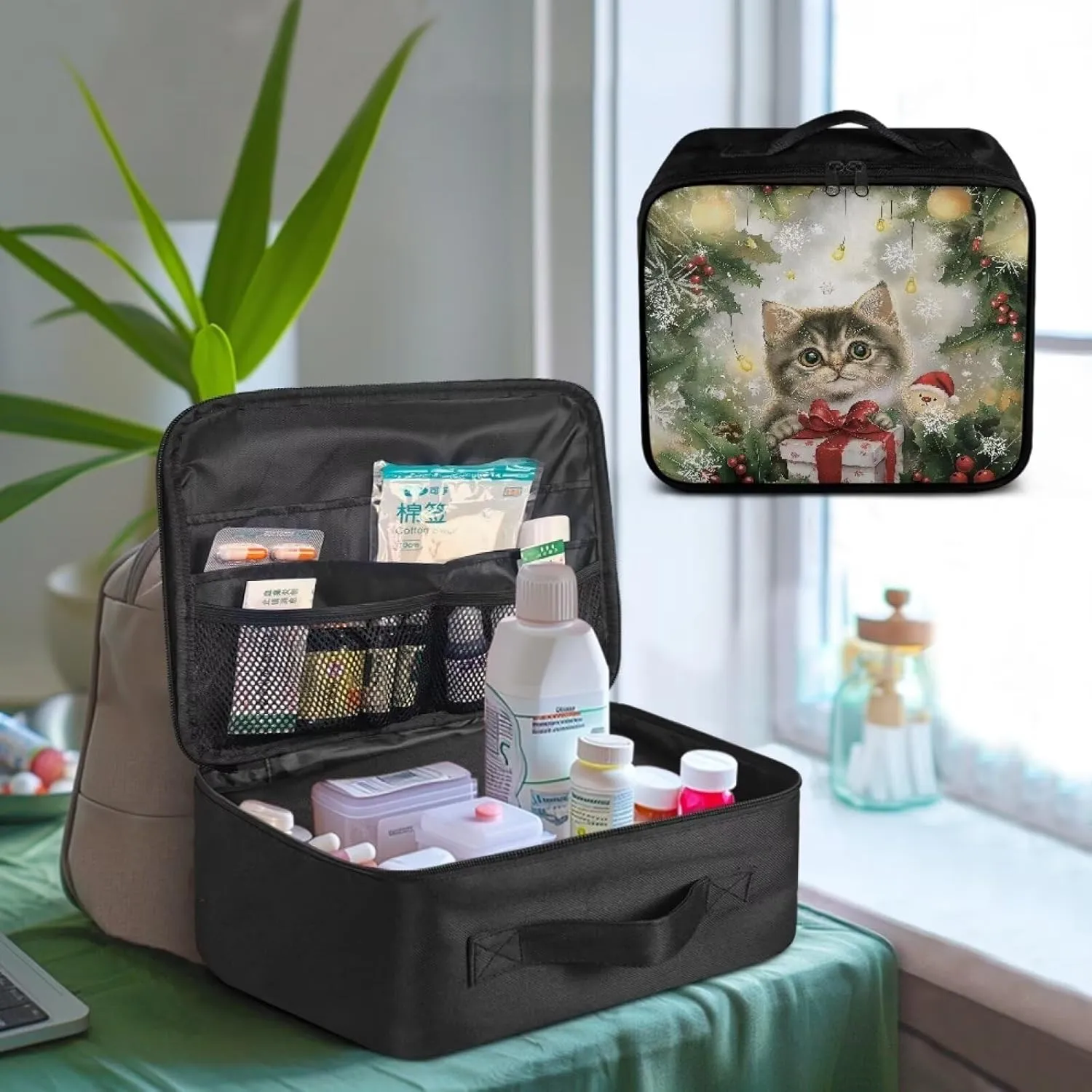 Rnyleeg Christmas Empty First Aid Bag Cute Cat First Aid Kit for College Dorm Car Medical Kit Compact Lightweight Outdoor Survival Bag