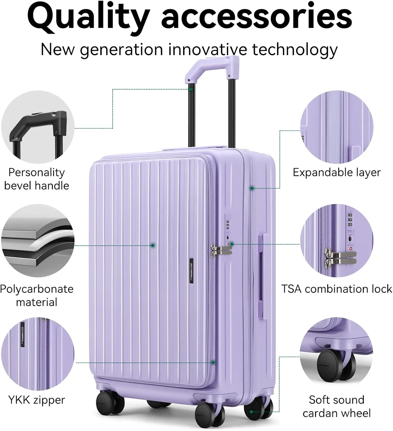 ROAMING 20 Inch Carry On Luggage Expandable Front Opening Rolling Vacation Suitcase with Spinner Wheels and TSA Lock Cup Holder PC Hard Shell Travel Trolley Case for Shout Business Trips purple