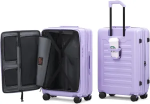 ROAMING 20 Inch Carry On Luggage Expandable Front Opening Rolling Vacation Suitcase with Spinner Wheels and TSA Lock Cup Holder PC Hard Shell Travel Trolley Case for Shout Business Trips purple