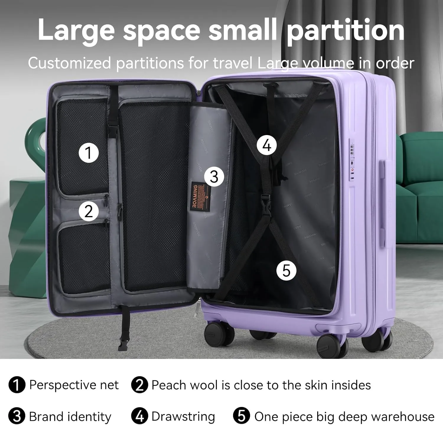 ROAMING 24 Inch Checked Luggage TOP Opening Rolling Suitcase PC hard sided luggage with Spinner Wheels Cup Holder Tsa Lock Specially Designed Ergonomic Pull Rod Handle for Travel Woman Men purple