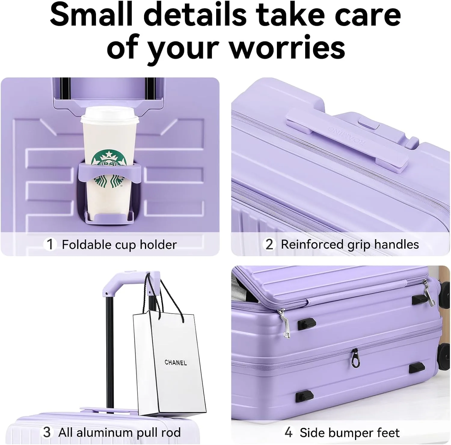 ROAMING 24 Inch Checked Luggage TOP Opening Rolling Suitcase PC hard sided luggage with Spinner Wheels Cup Holder Tsa Lock Specially Designed Ergonomic Pull Rod Handle for Travel Woman Men purple