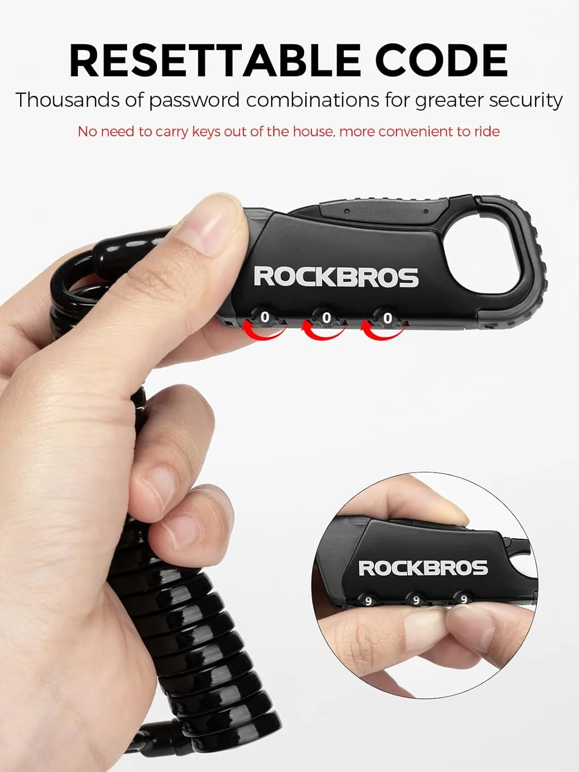 ROCKBROS Motorcycle Helmet Lock, Lightweight Bike Helmet Lock, Resettable Motorcycle Locks Anti Theft, 47.2 inch/123 cm Universal Locks for Helmets, Bicycle, Luggage