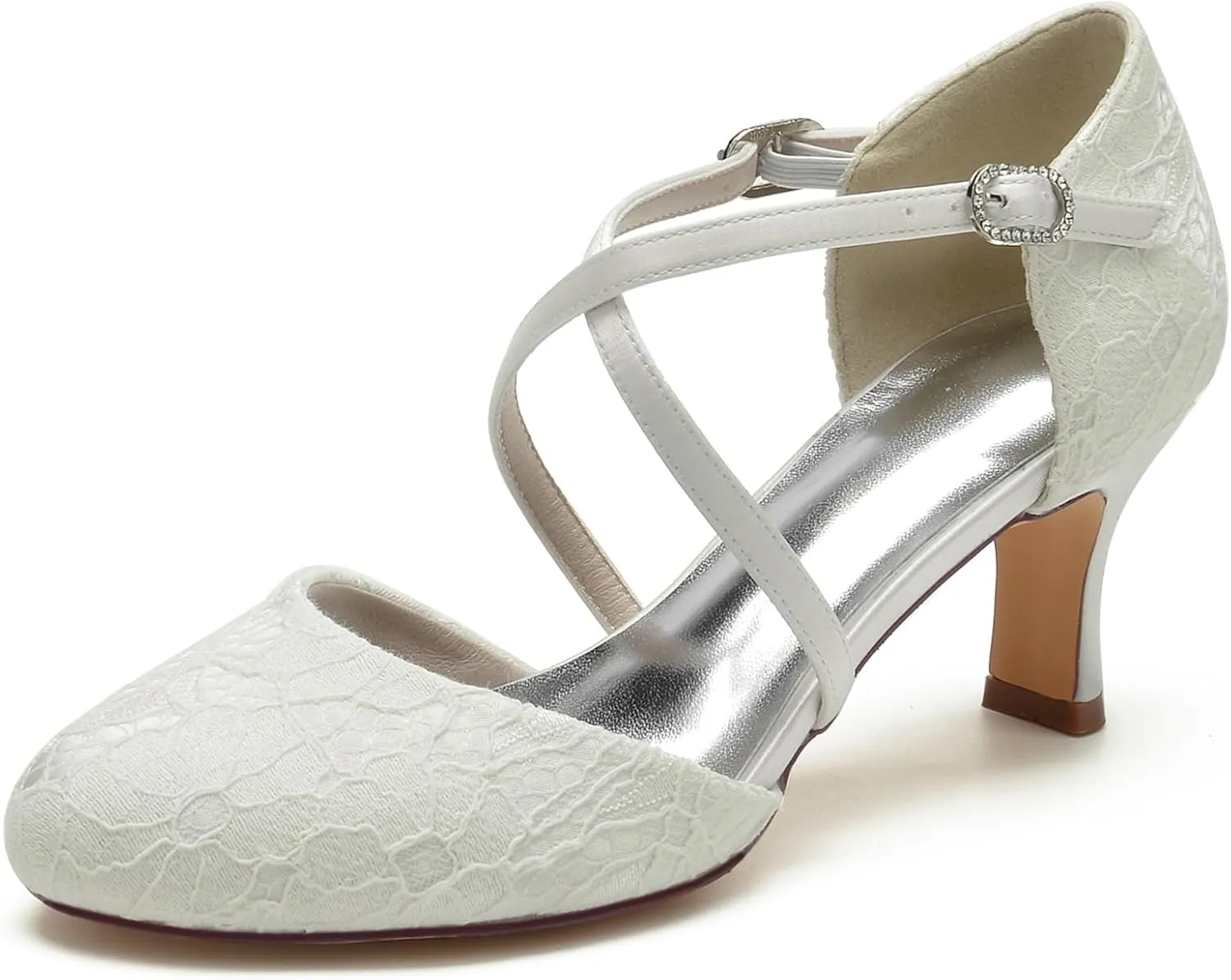 Roimaash Vintage Flower Satin Wedding Pumps Round Toe Criss Cross