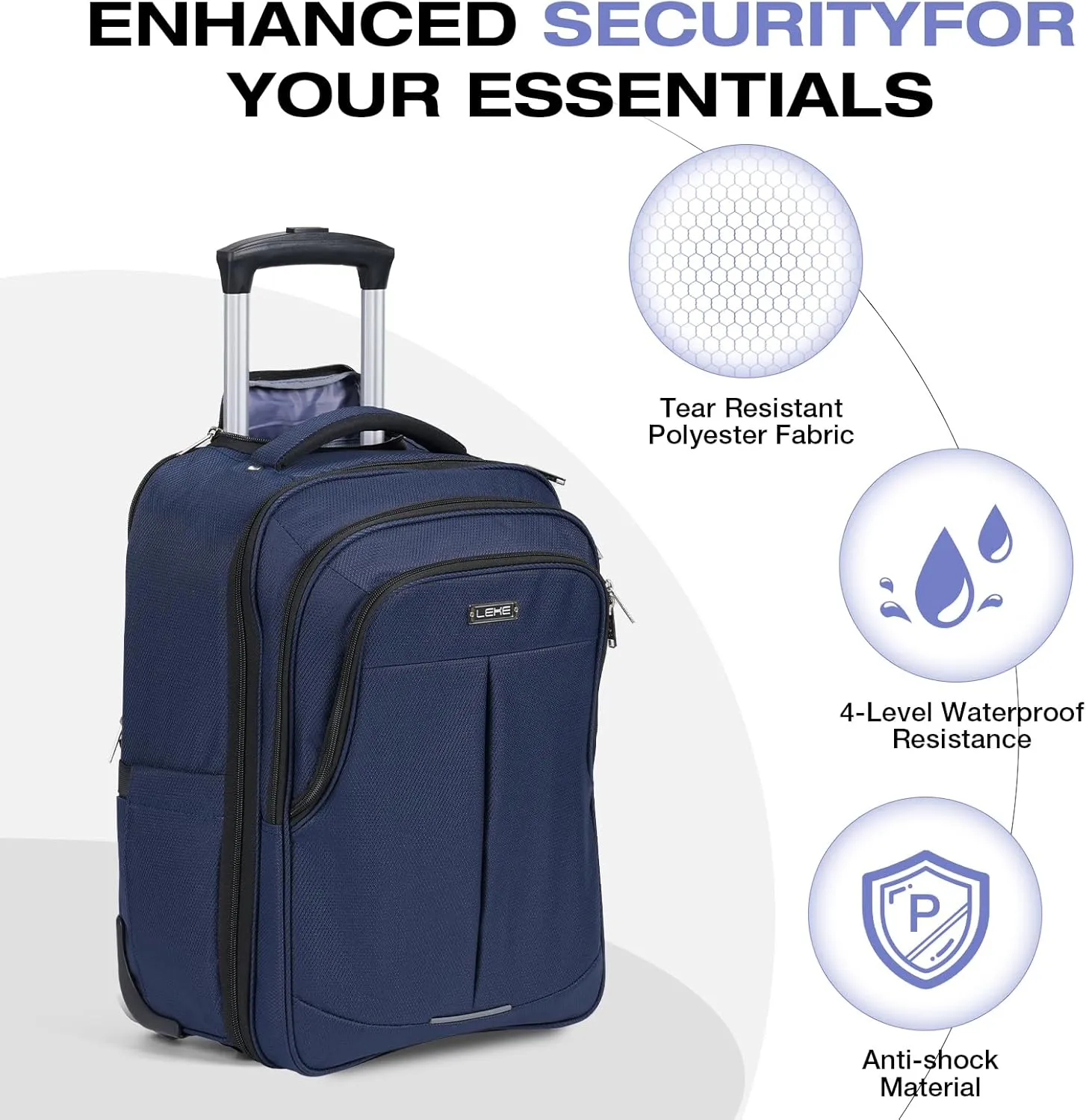 Rolling Backpack for Adults,17 Inch Waterproof Carry-on Backpack with Wheels, Wheeled Backpack Carry-on Luggage, Travel Backpack for Men Women， Trolley Laptop Backpack， Navy Blue Medium