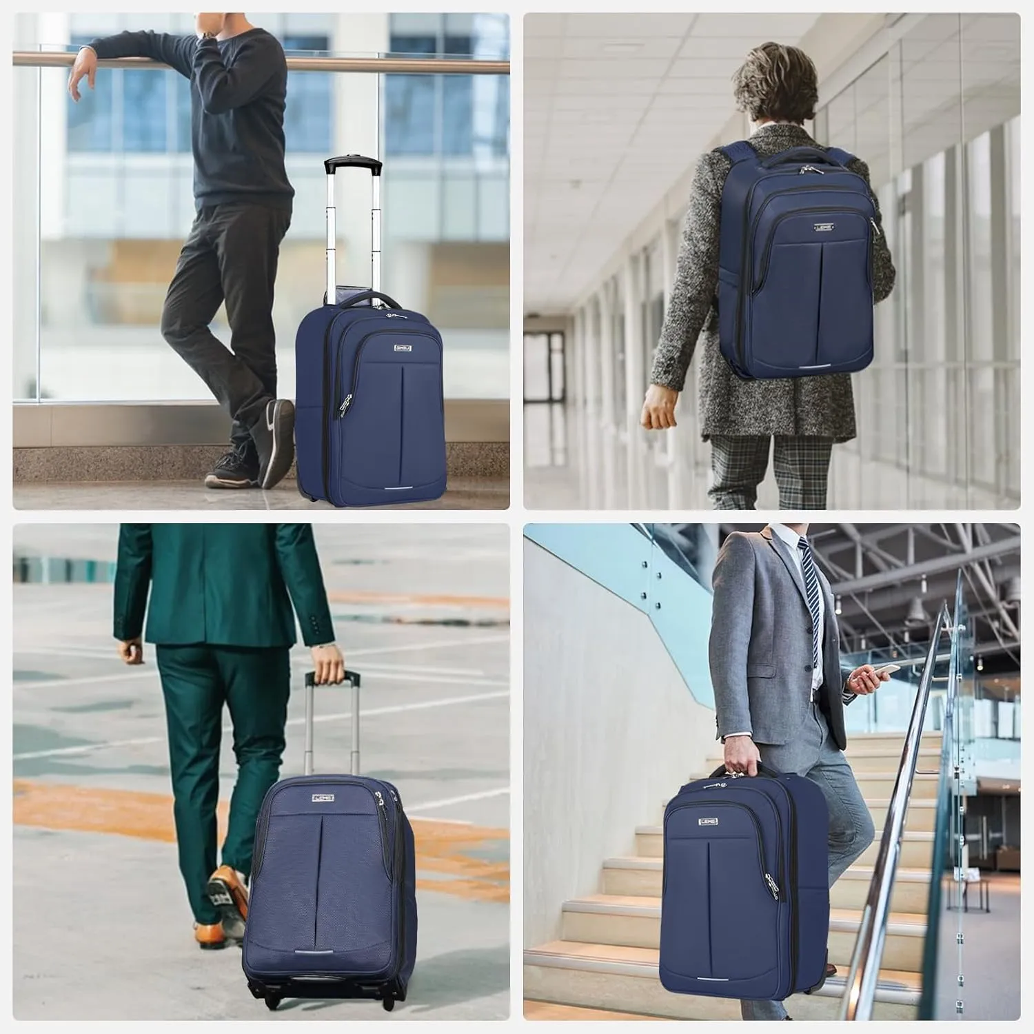 Rolling Backpack for Adults,17 Inch Waterproof Carry-on Backpack with Wheels, Wheeled Backpack Carry-on Luggage, Travel Backpack for Men Women， Trolley Laptop Backpack， Navy Blue Medium