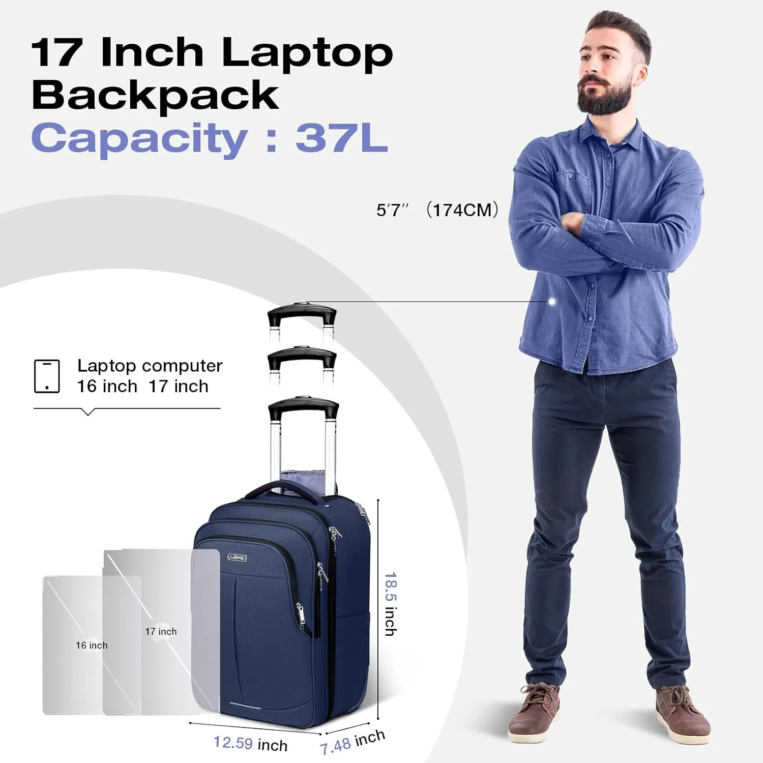 Rolling Backpack for Adults,17 Inch Waterproof Carry-on Backpack with Wheels, Wheeled Backpack Carry-on Luggage, Travel Backpack for Men Women， Trolley Laptop Backpack， Navy Blue Medium