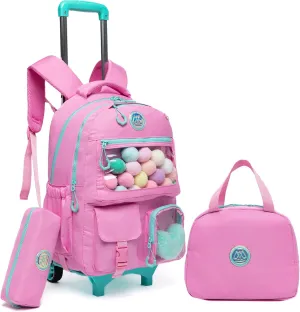Rolling Backpack for Girls Backpack with Wheels Cute Kid Rolling Backpack with Lunch Bag Pencil Case Kids Suitcases for Girls School Supplies for Elementary Primary School 8-12 Girls