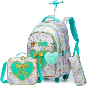 Rolling Backpack for Girls Backpack with Wheels Cute Wheeled School Backpack for Girls with Lunch Box Set Kids Suitcase for Girls Elementary Primary School 8-12 Back to School Supplies