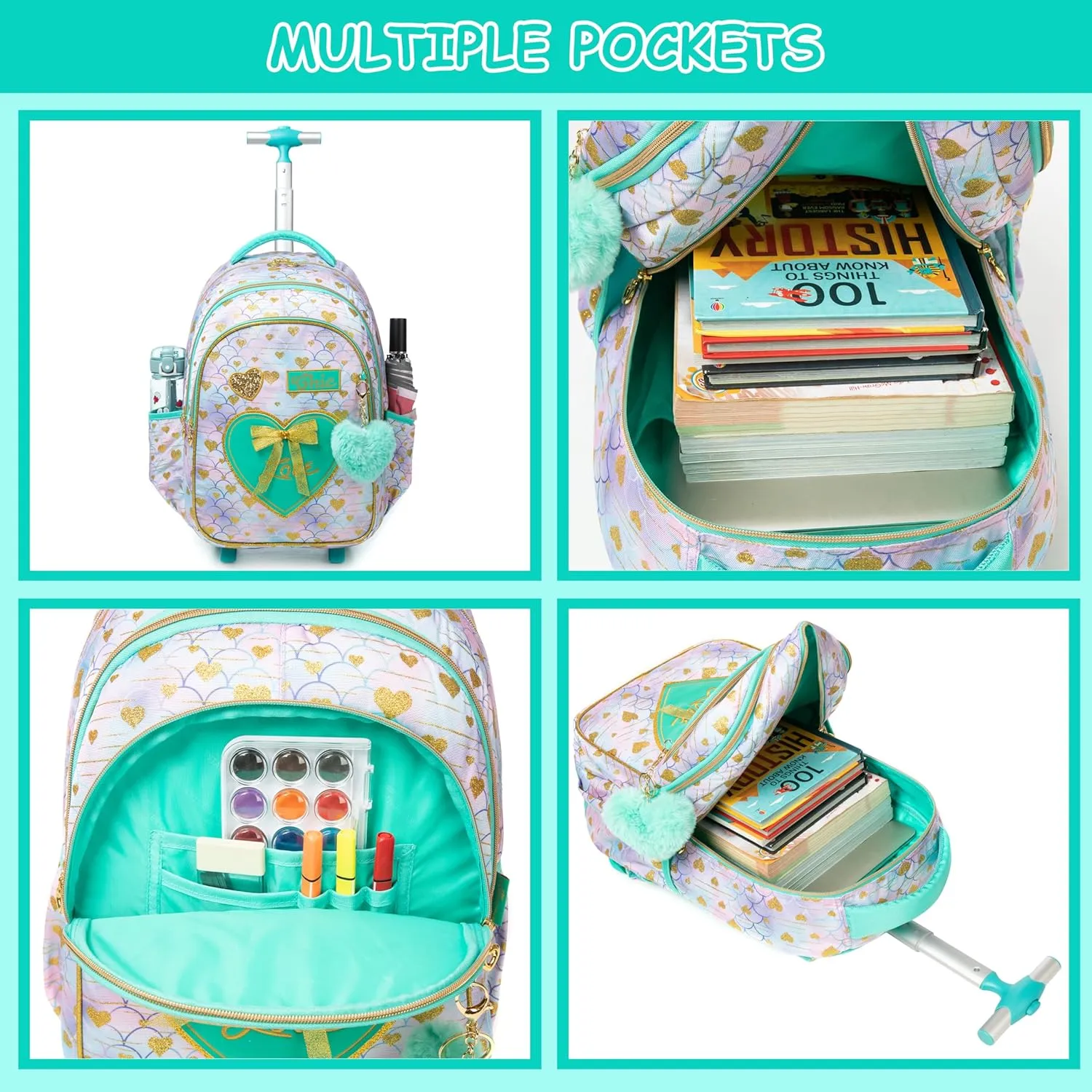 Rolling Backpack for Girls Backpack with Wheels Cute Wheeled School Backpack for Girls with Lunch Box Set Kids Suitcase for Girls Elementary Primary School 8-12 Back to School Supplies
